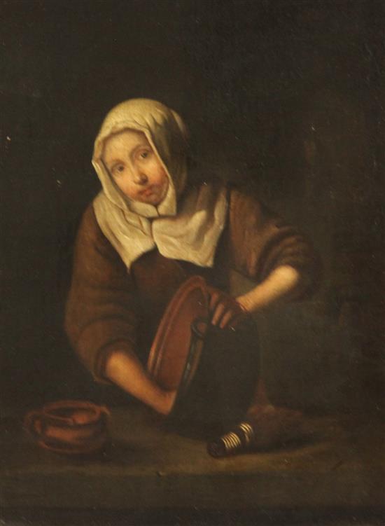 19th century Flemish School Portrait of a girl cleaning a copper pan, 10 x 8in.